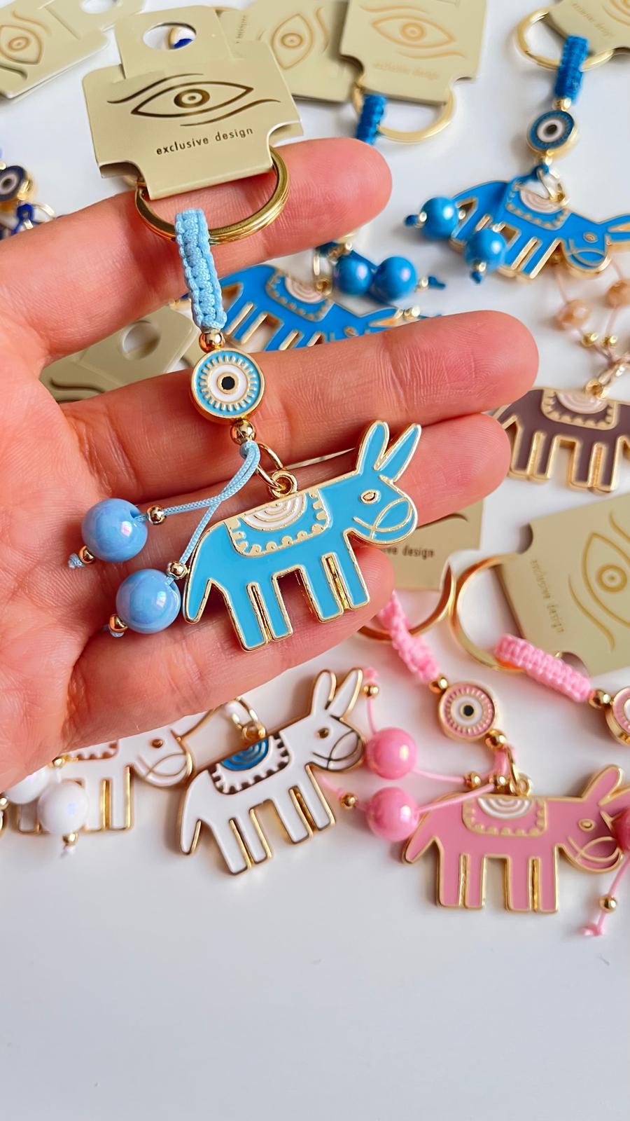 Light Blue Donkey Design Gold Evil Eye Keychain