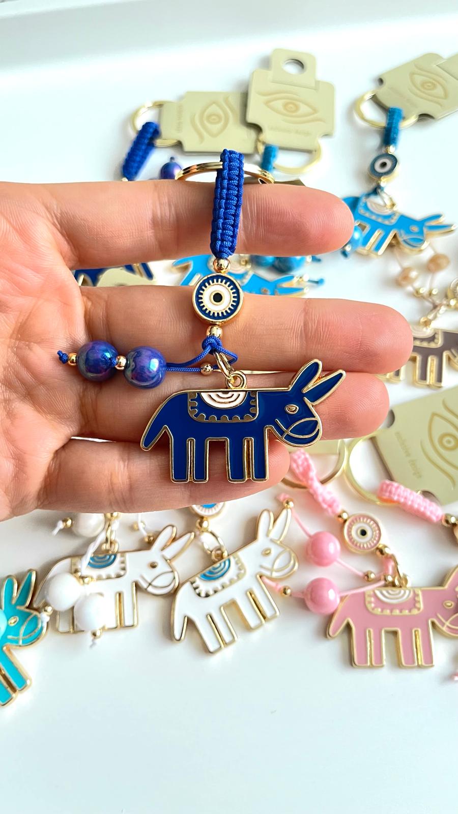 Dark Blue Donkey Design Gold Evil Eye Keychain