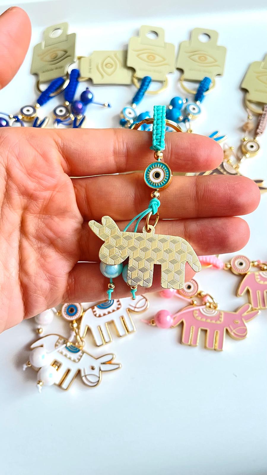 Turquoise Donkey Design Gold Evil Eye Keychain