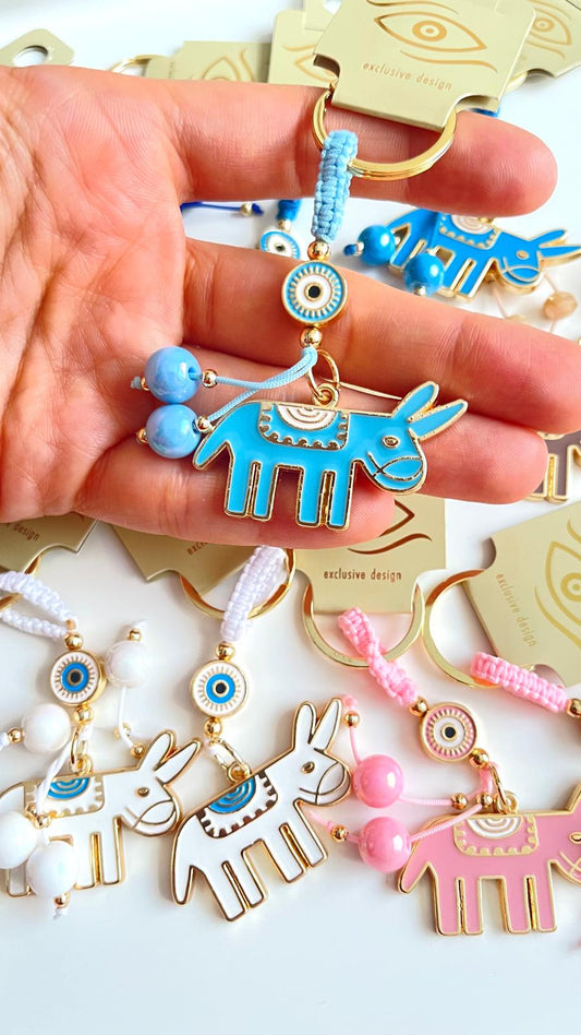 Light Blue Donkey Design Gold Evil Eye Keychain