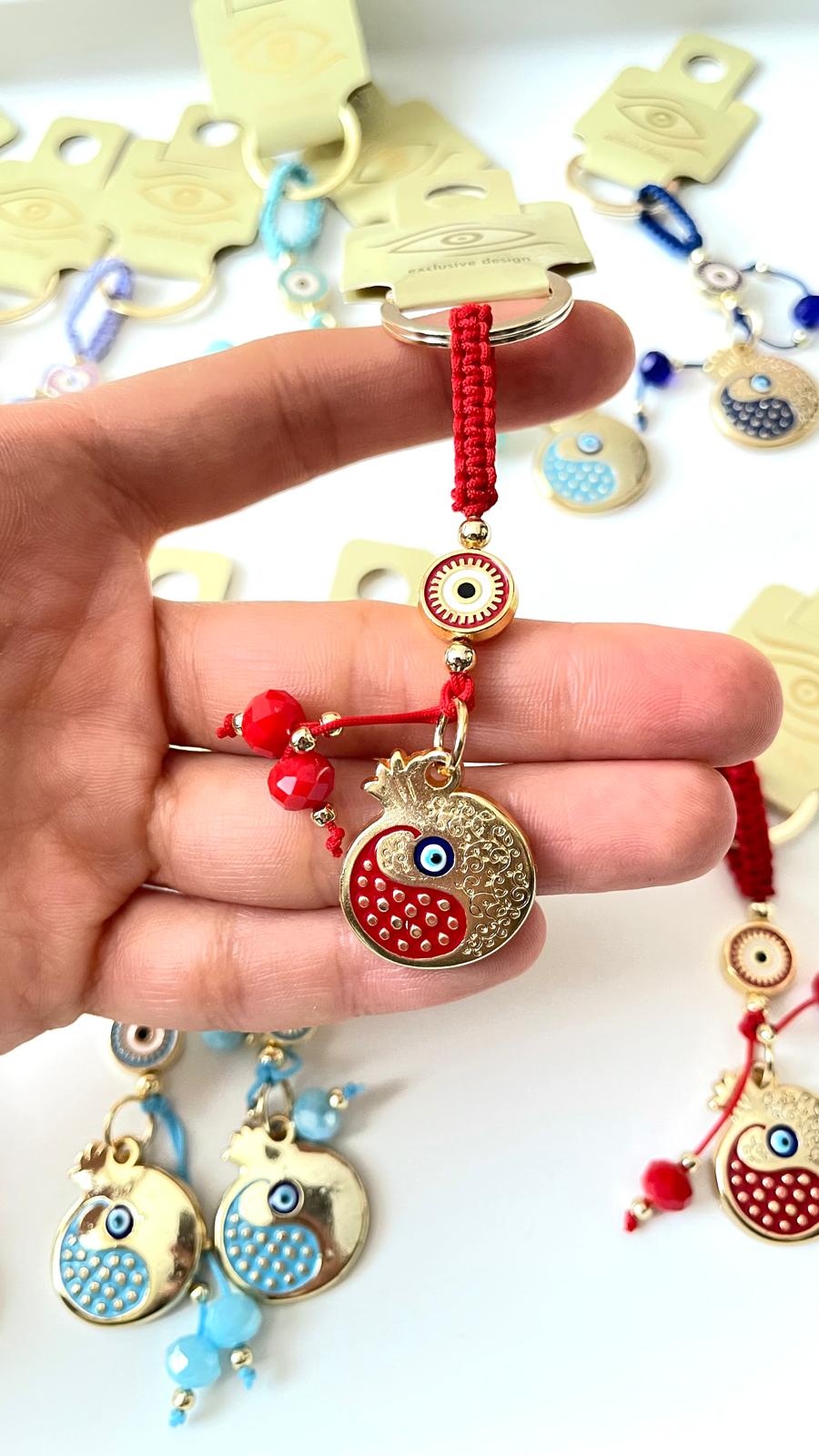 Red Pomegranate Abundance Design Gold Evil Eye Keychain