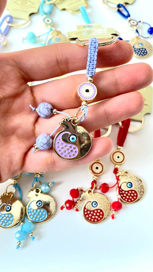 Lavender Pomegranate Abundance Design Gold Evil Eye Keychain
