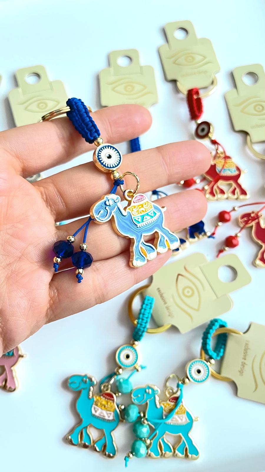 Dark Blue Camel Design Gold Evil Eye Keychain