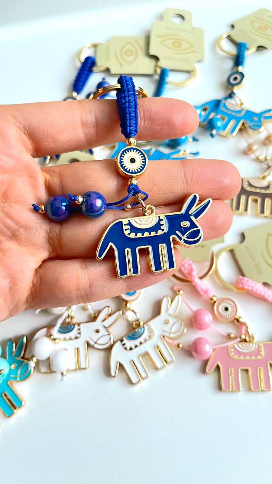 Dark Blue Donkey Design Gold Evil Eye Keychain