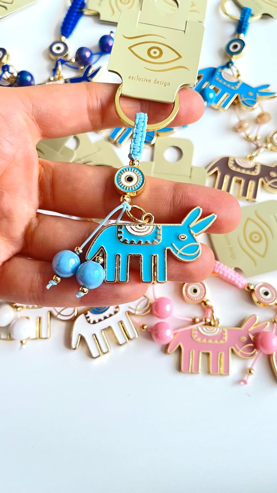 Light Blue Donkey Design Gold Evil Eye Keychain