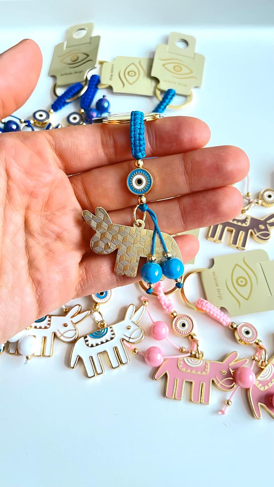 Blue Donkey Design Gold Evil Eye Keychain