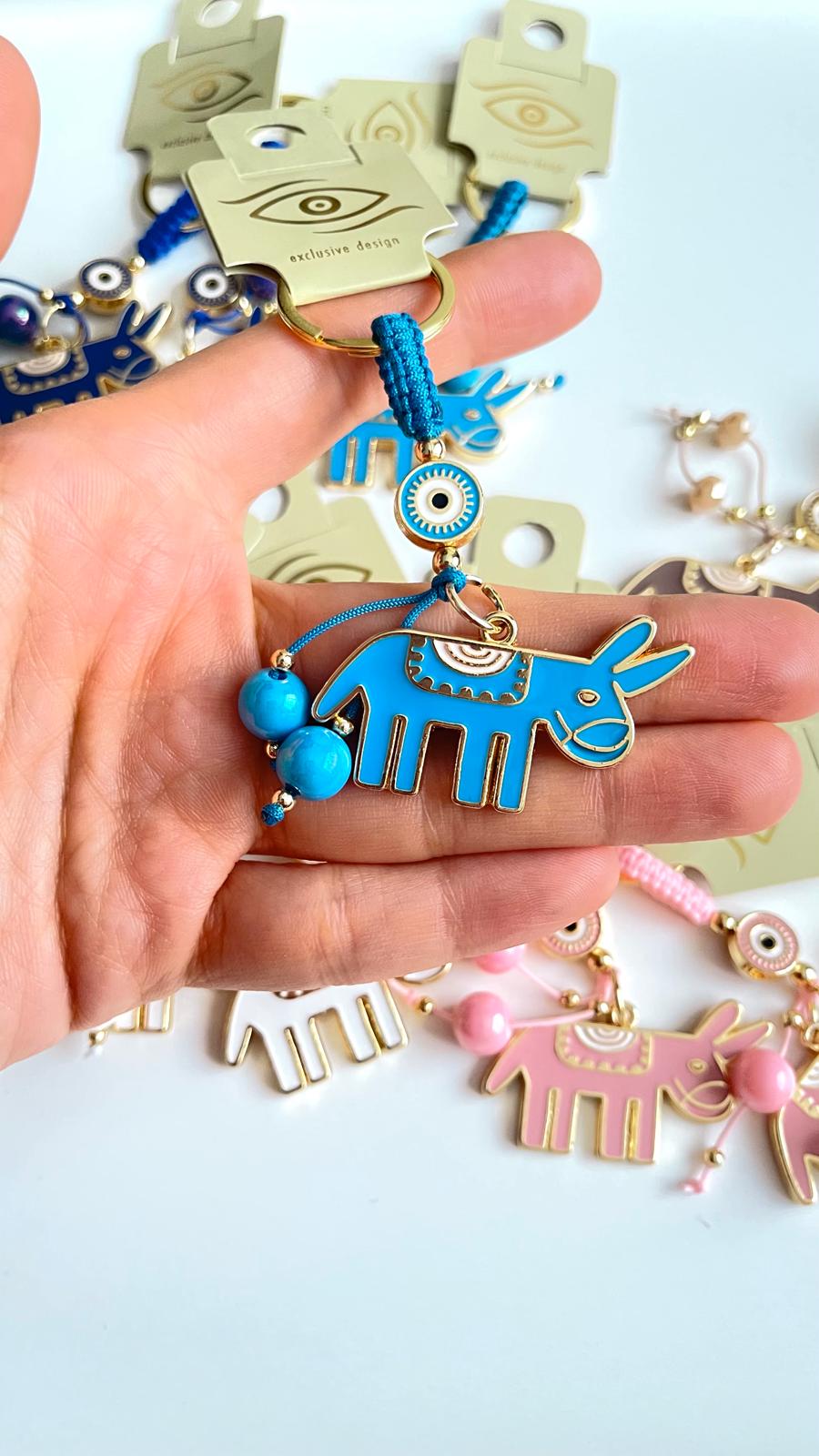 Blue Donkey Design Gold Evil Eye Keychain