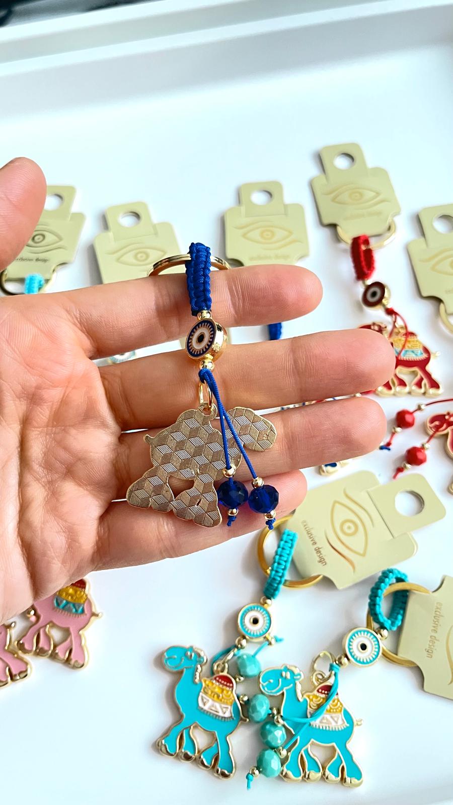 Dark Blue Camel Design Gold Evil Eye Keychain