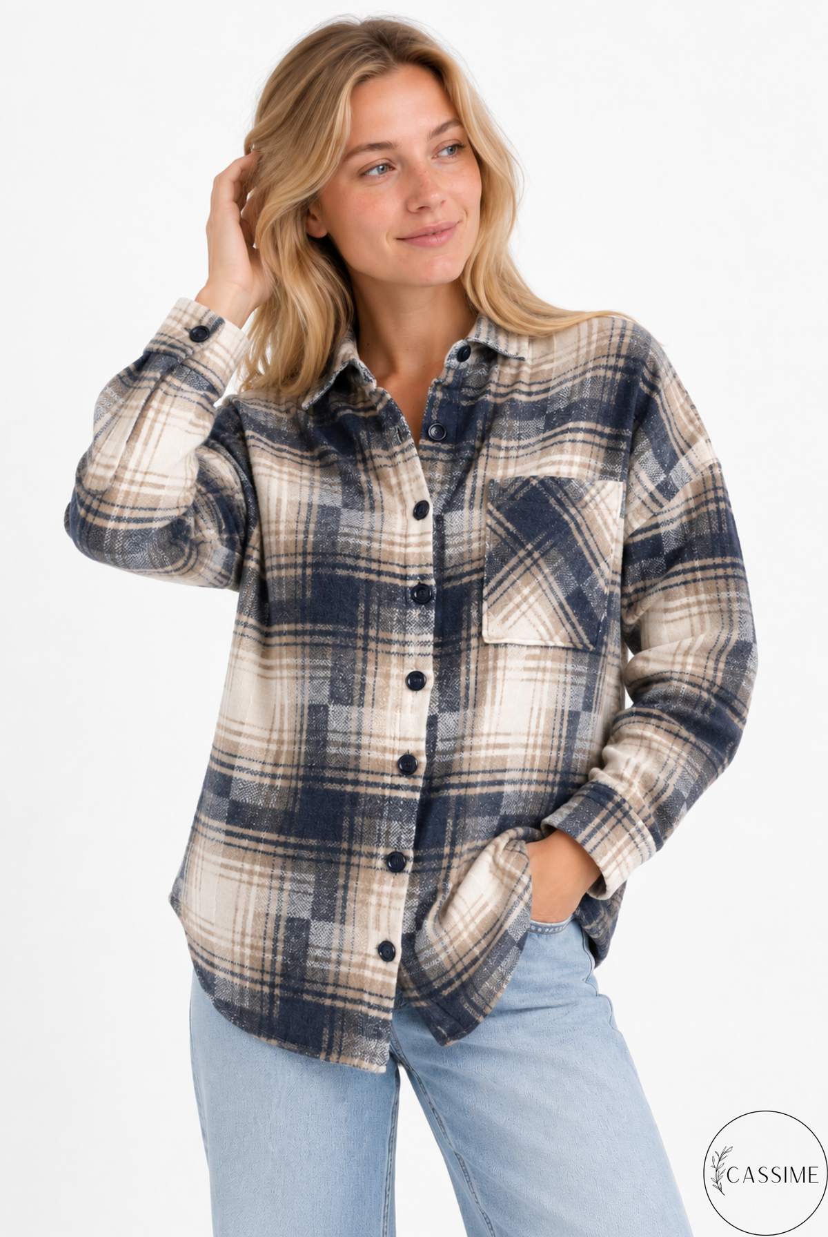 Chaqueta-camisa de cuadros de algodón azul suave crema Harper con capucha