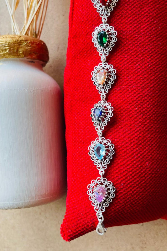 Ασημένιο βραχιόλι Filigree Art με πολύχρωμες πολύτιμες πέτρες και κρίκο