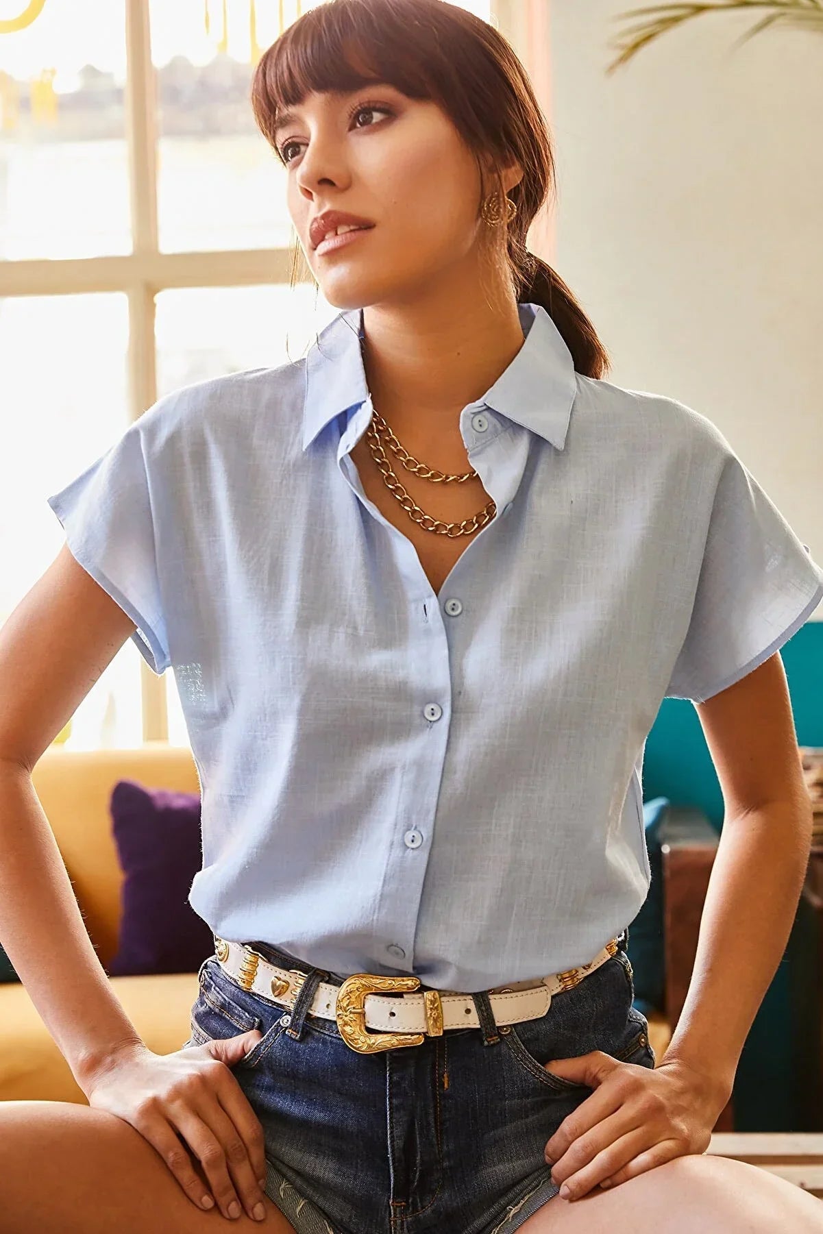 Adele Classic Linen Blend Button Down Short Sleeve Shirt