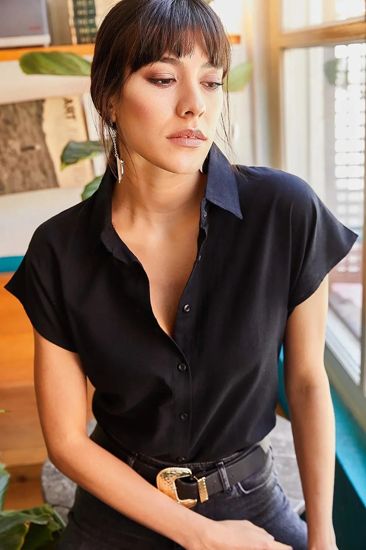 Adele Classic Linen Blend Button Down Short Sleeve Shirt