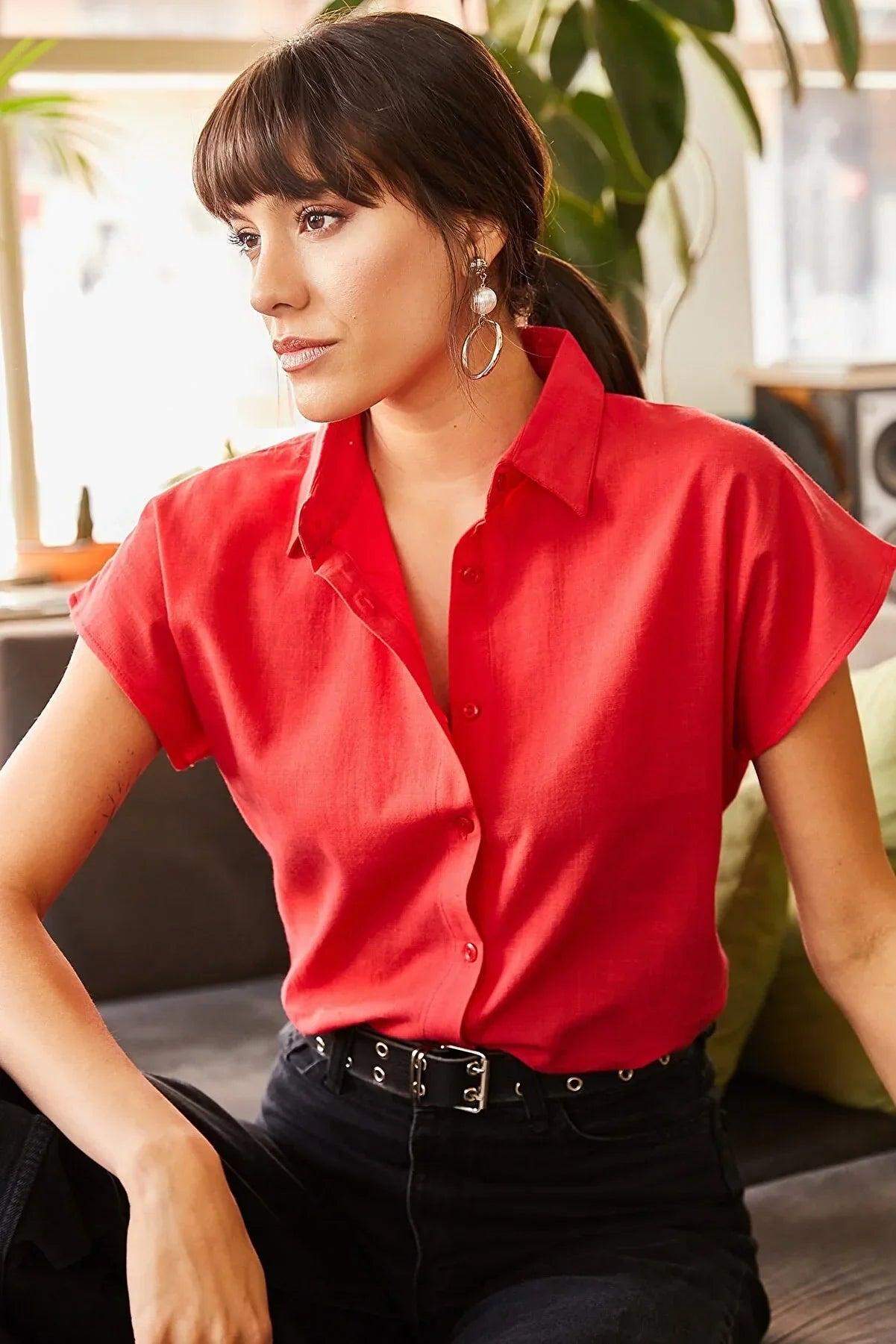 Adele Classic Linen Blend Button Down Short Sleeve Shirt