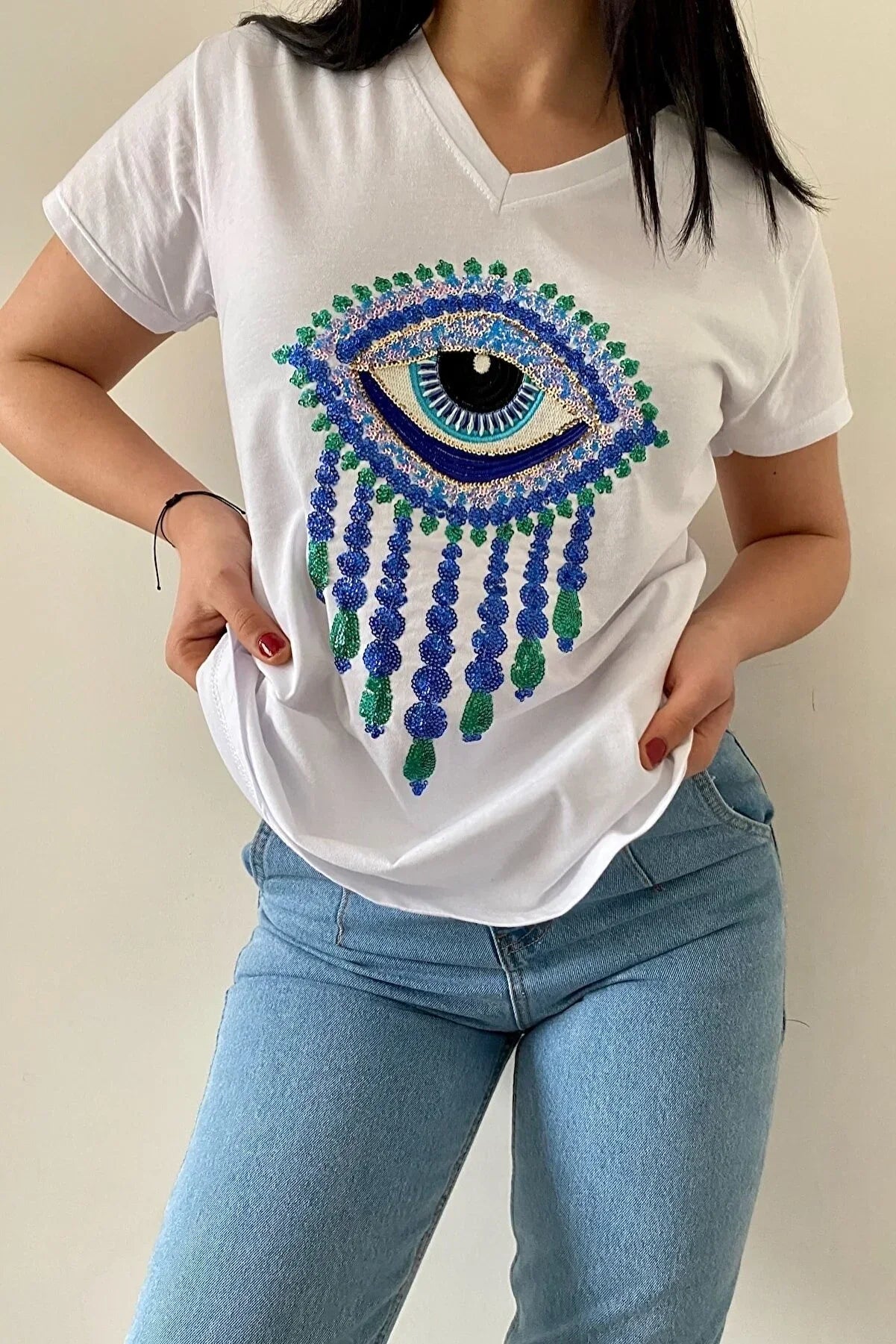 Tilda Evil Eye Sequin Cotton T-Shirt - White