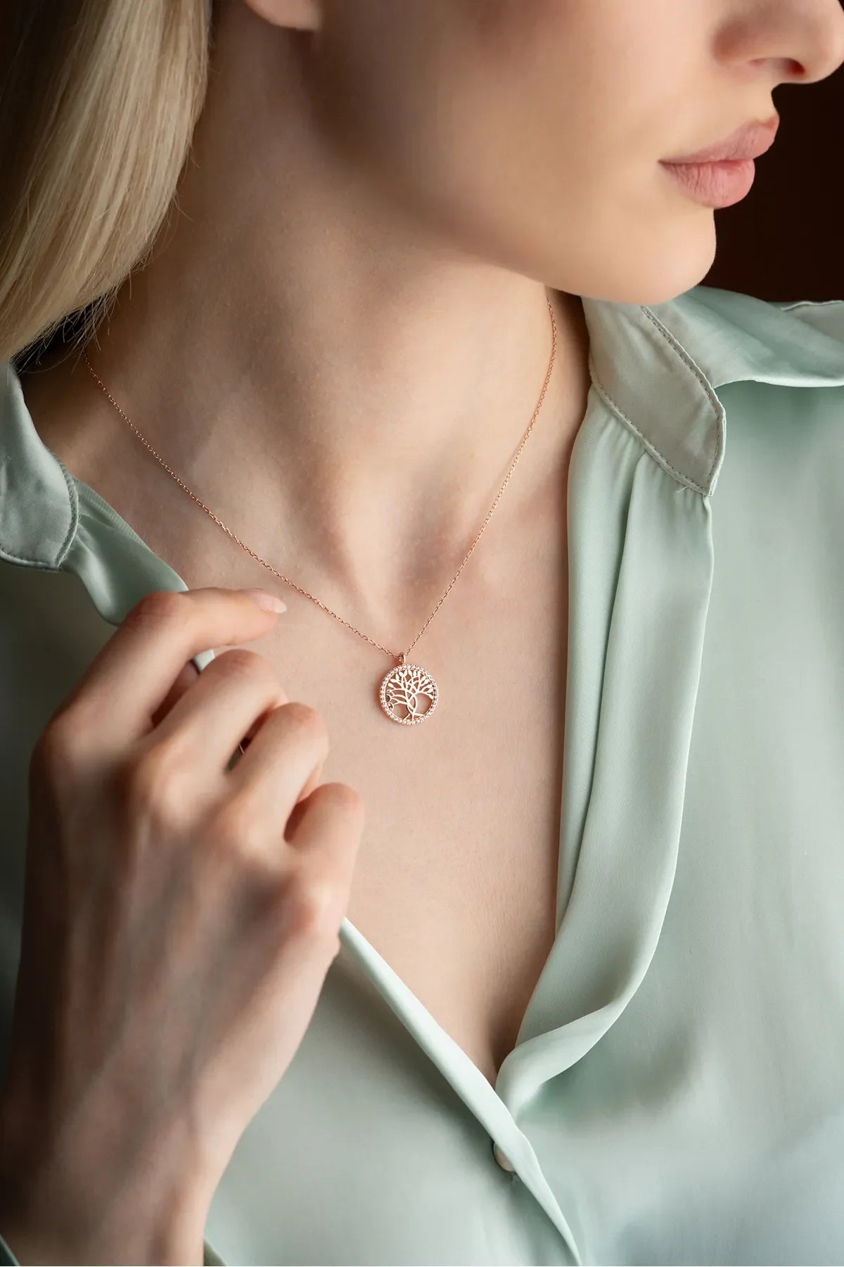 925 Sterling Silver Rose Plated Tree of Life Necklace