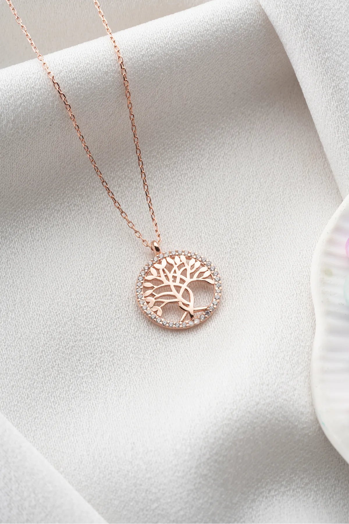 925 Sterling Silver Rose Plated Tree of Life Necklace