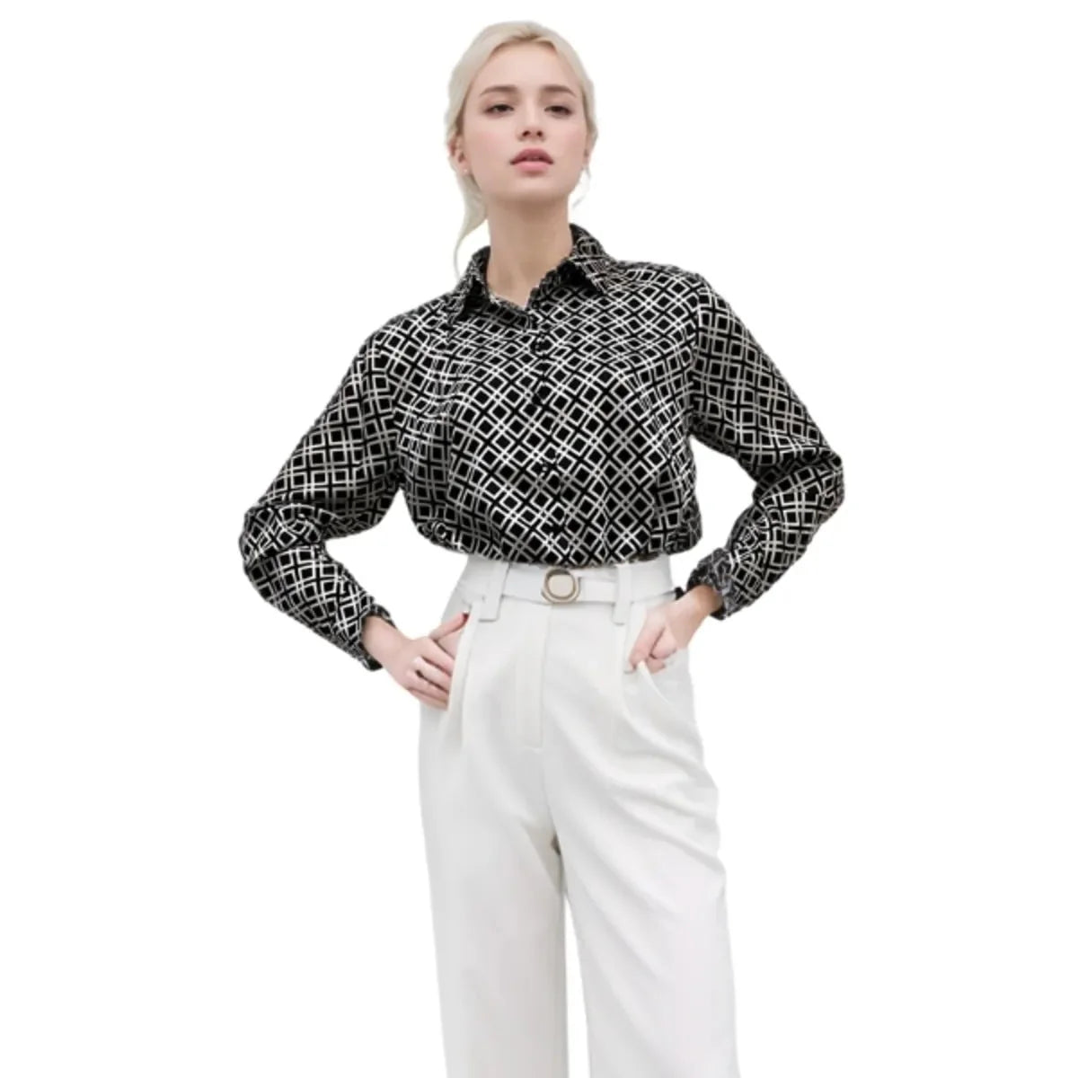 Camisa abotonada de satén blanco y negro
