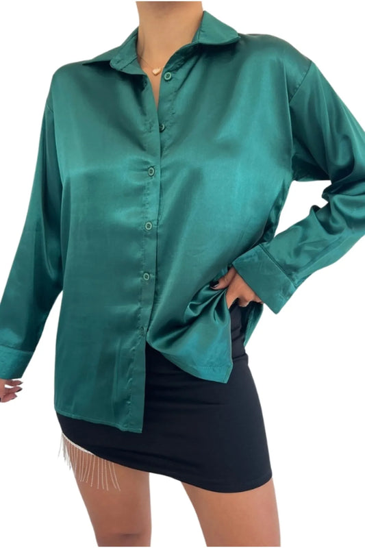 Melissa Emerald Green Satin Loose Button-Down Shirt