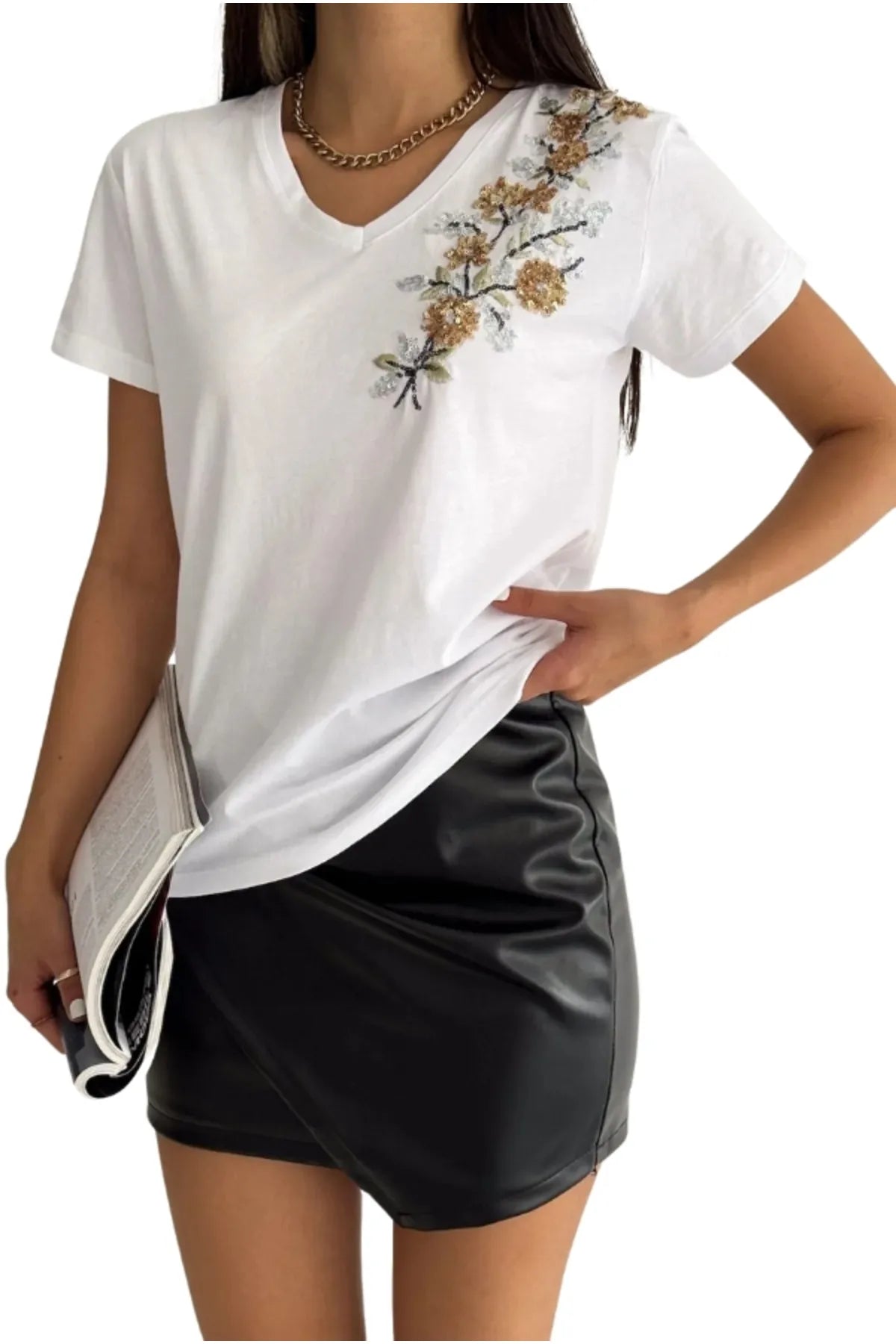 Camiseta de algodón de manga corta Tilda con bordado floral dorado - Blanco
