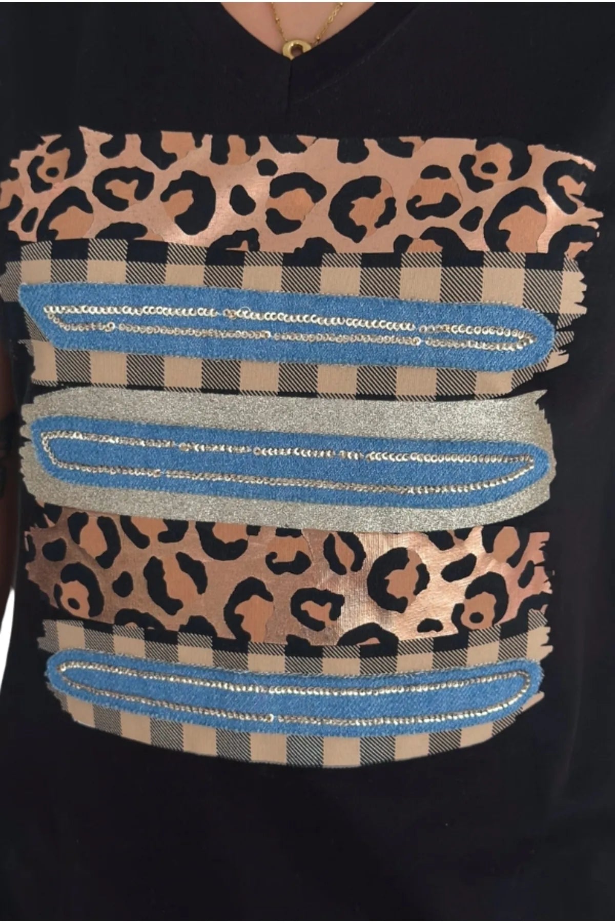 Tilda Leopar Desenli Payetli Tişört - Siyah 