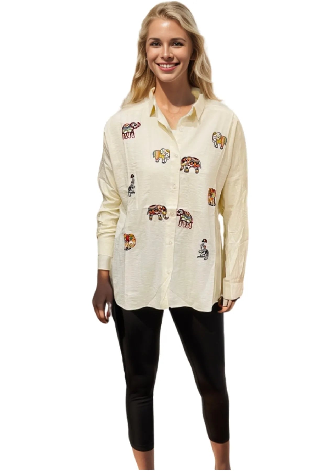 Blusa de lino bordada con elefante color crema