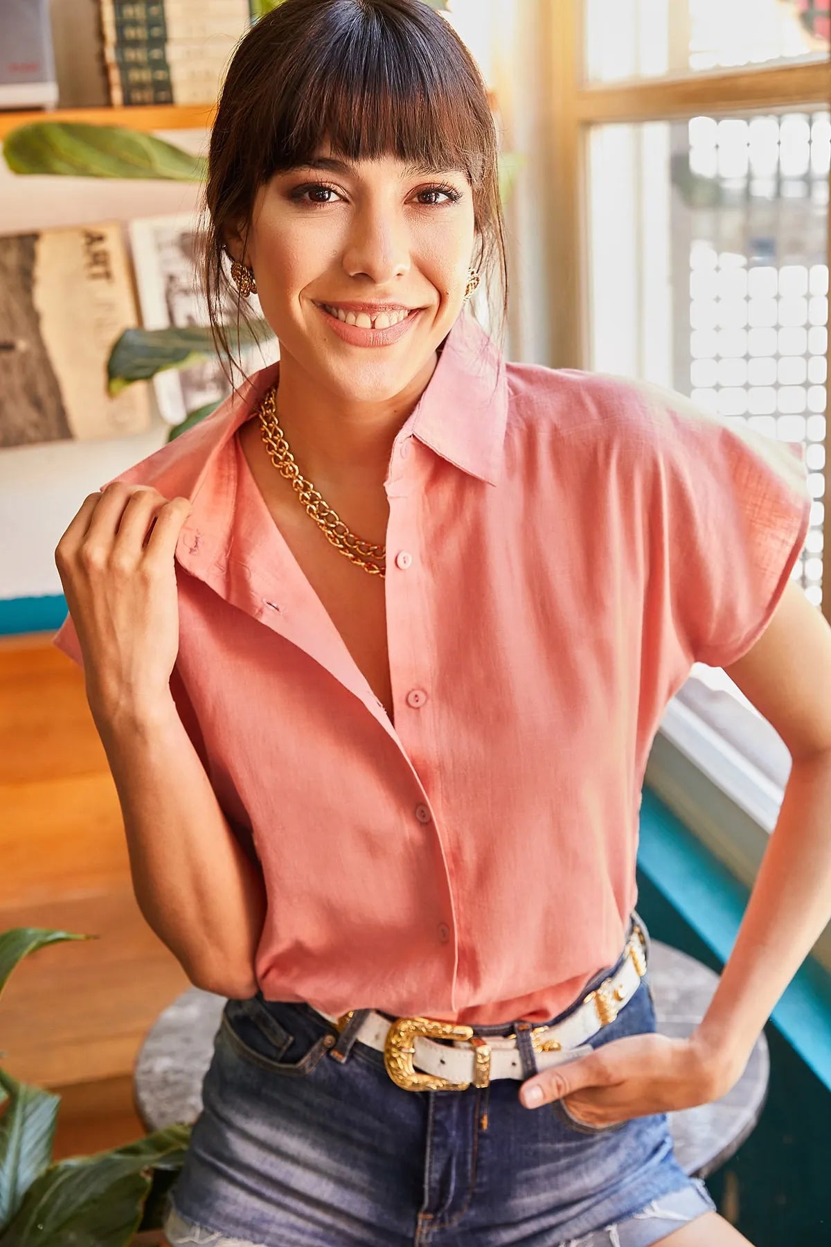 Adele Classic Linen Blend Button Down Short Sleeve Shirt