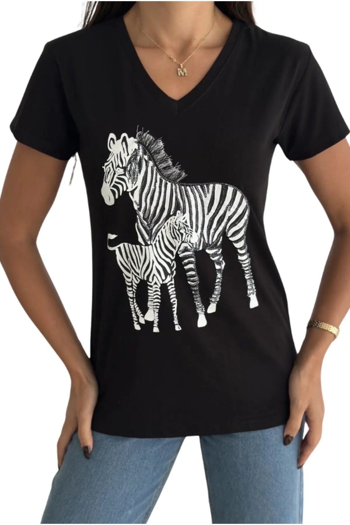 Tilda Zebra Payetli Tişört - Siyah 