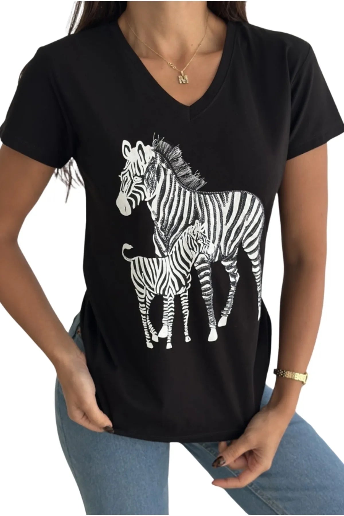 Tilda Zebra Payetli Tişört - Siyah 