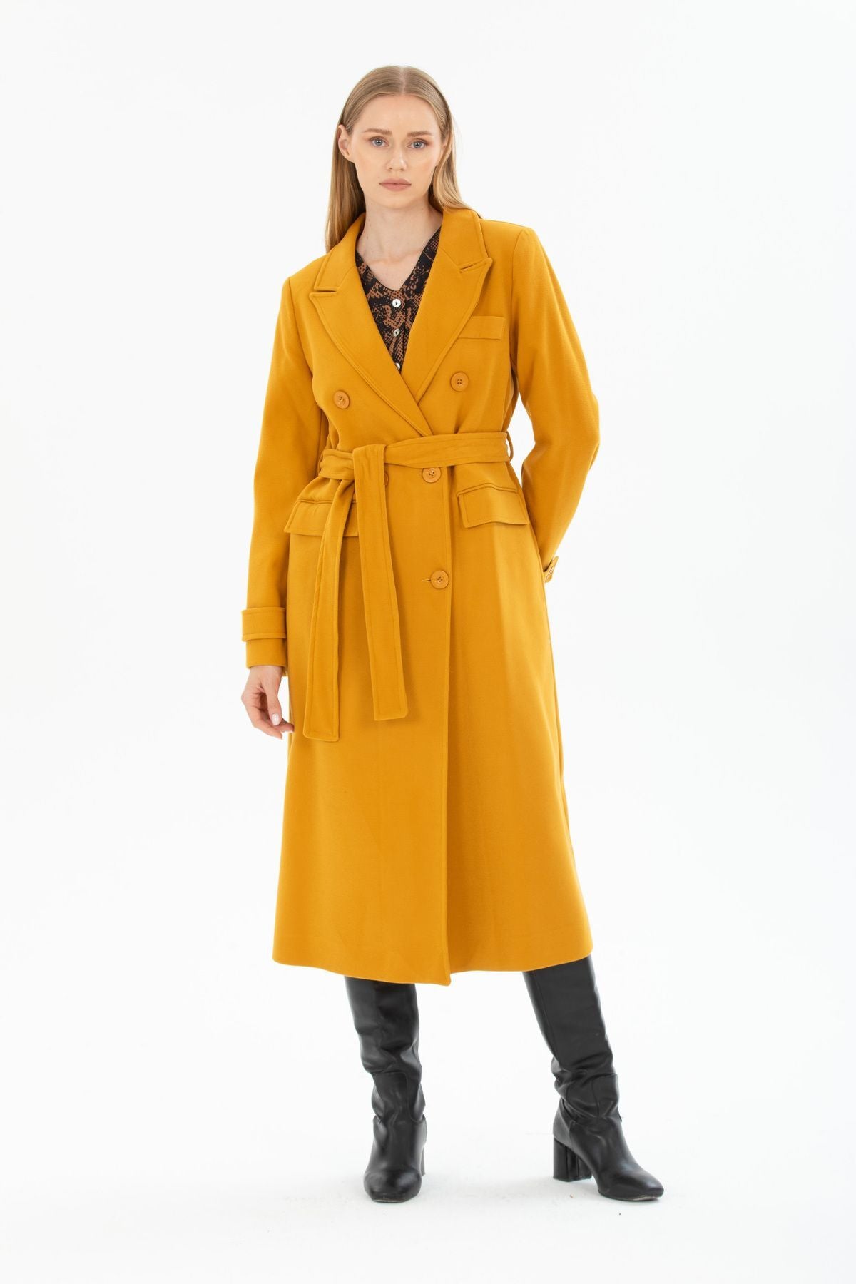 Belinda Women's Belted Notched Collar Coat - Mustard - product image 5