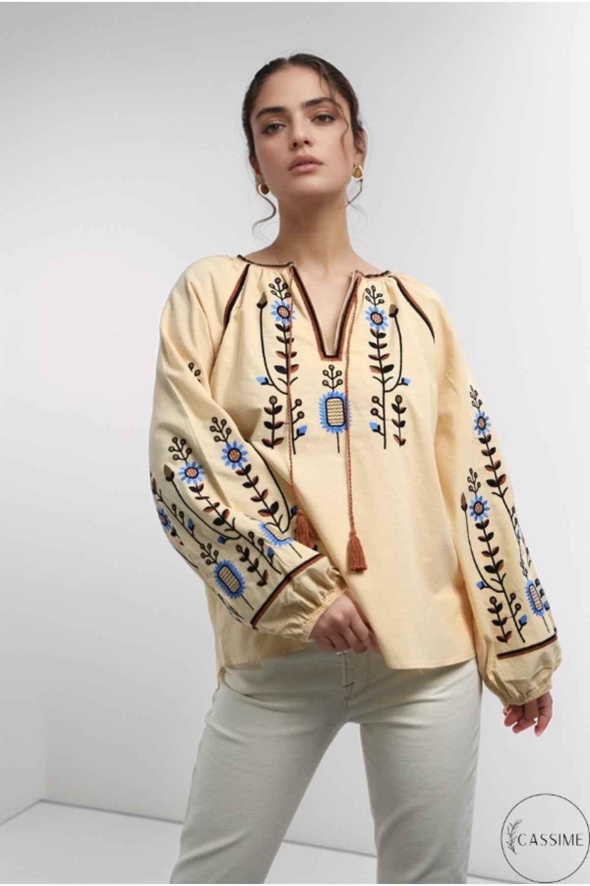 Frances Women's Cotton Embroidered Long Sleeve Blouse - Cream