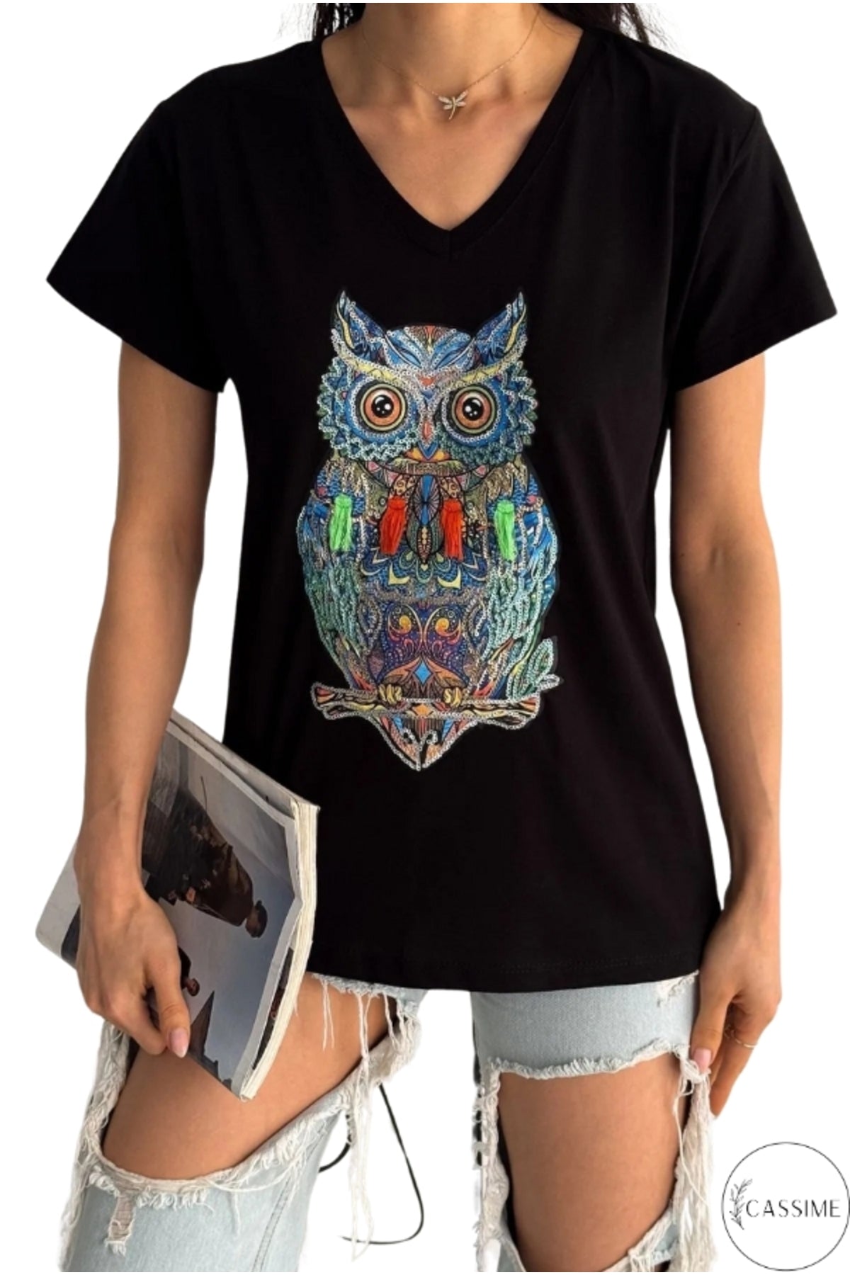Olivia Women's Cotton Plus Size Embellished V-Neck T-Shirt - Black Owl Print