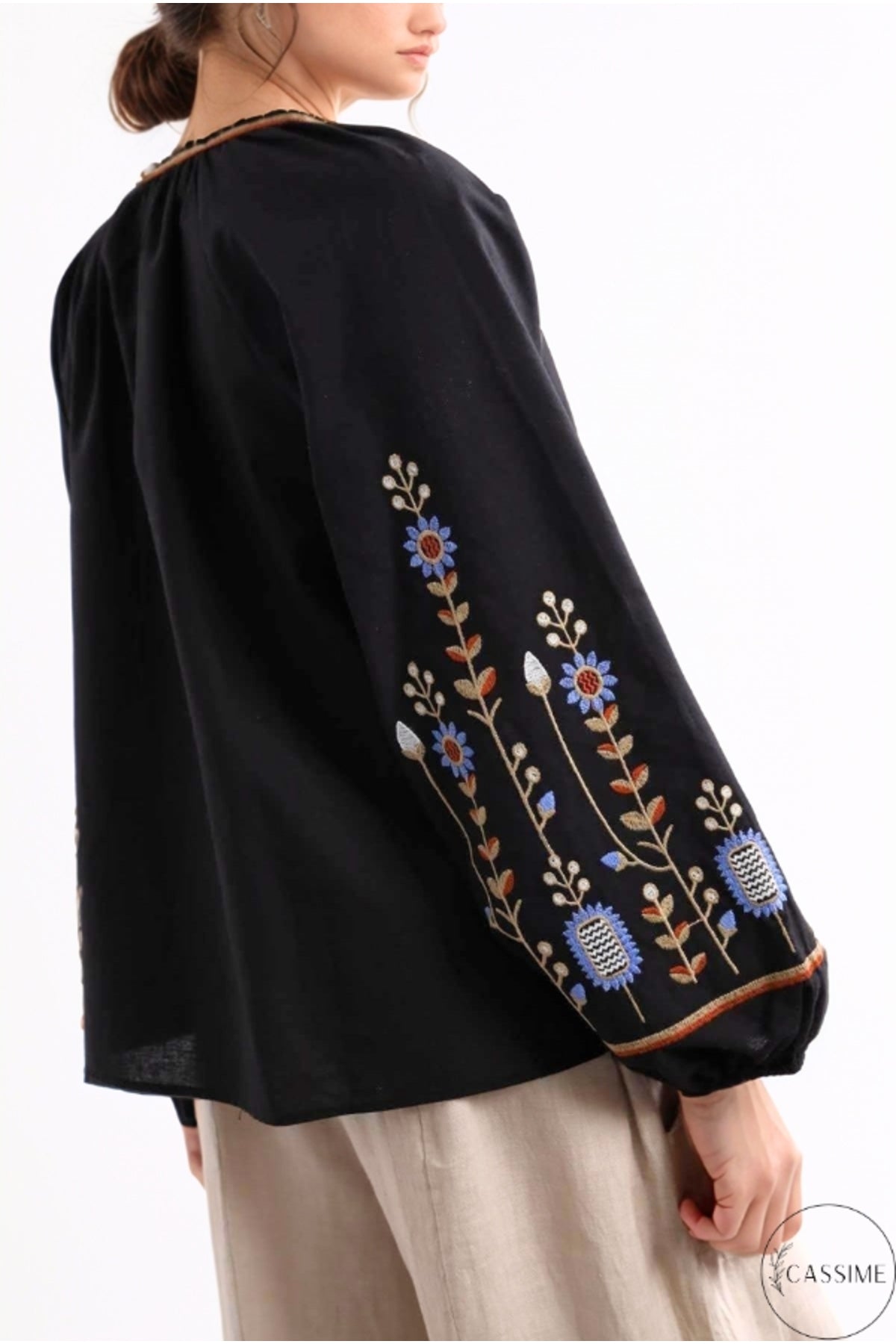 Frances Women's Cotton Embroidered Long Sleeve Blouse - Black