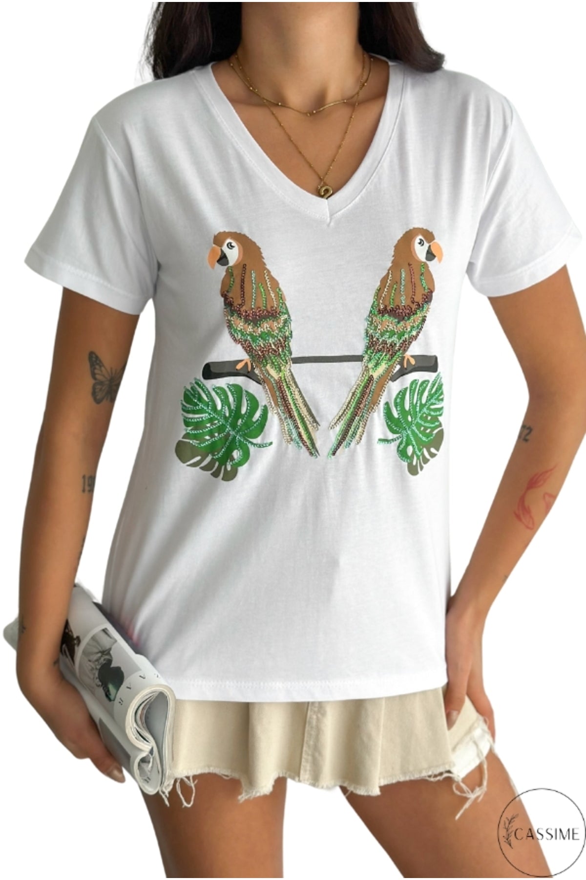 Olivia Women's Cotton Plus Size Embellished V-Neck T-Shirt - White with Parrot and Leaf Sequins