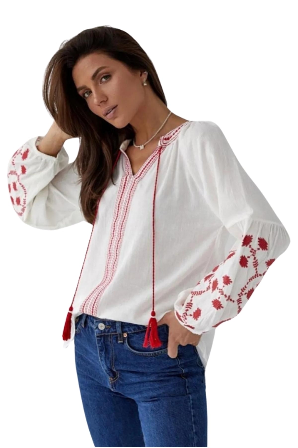 Tabitha Women's Cotton Blend Boho Embroidered Tassel Blouse - Off-White with Red Embroidery