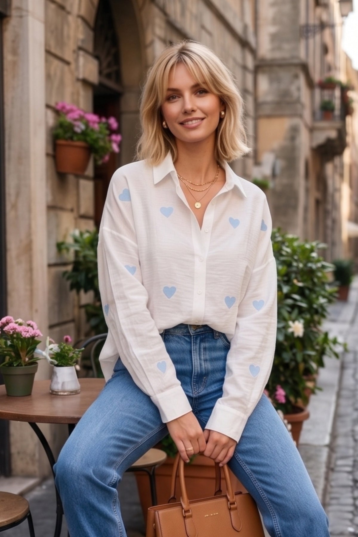 Delilah Women's Cotton Oversized Embellished Long Sleeve Shirt - Ecru with Blue Heart Embroidery