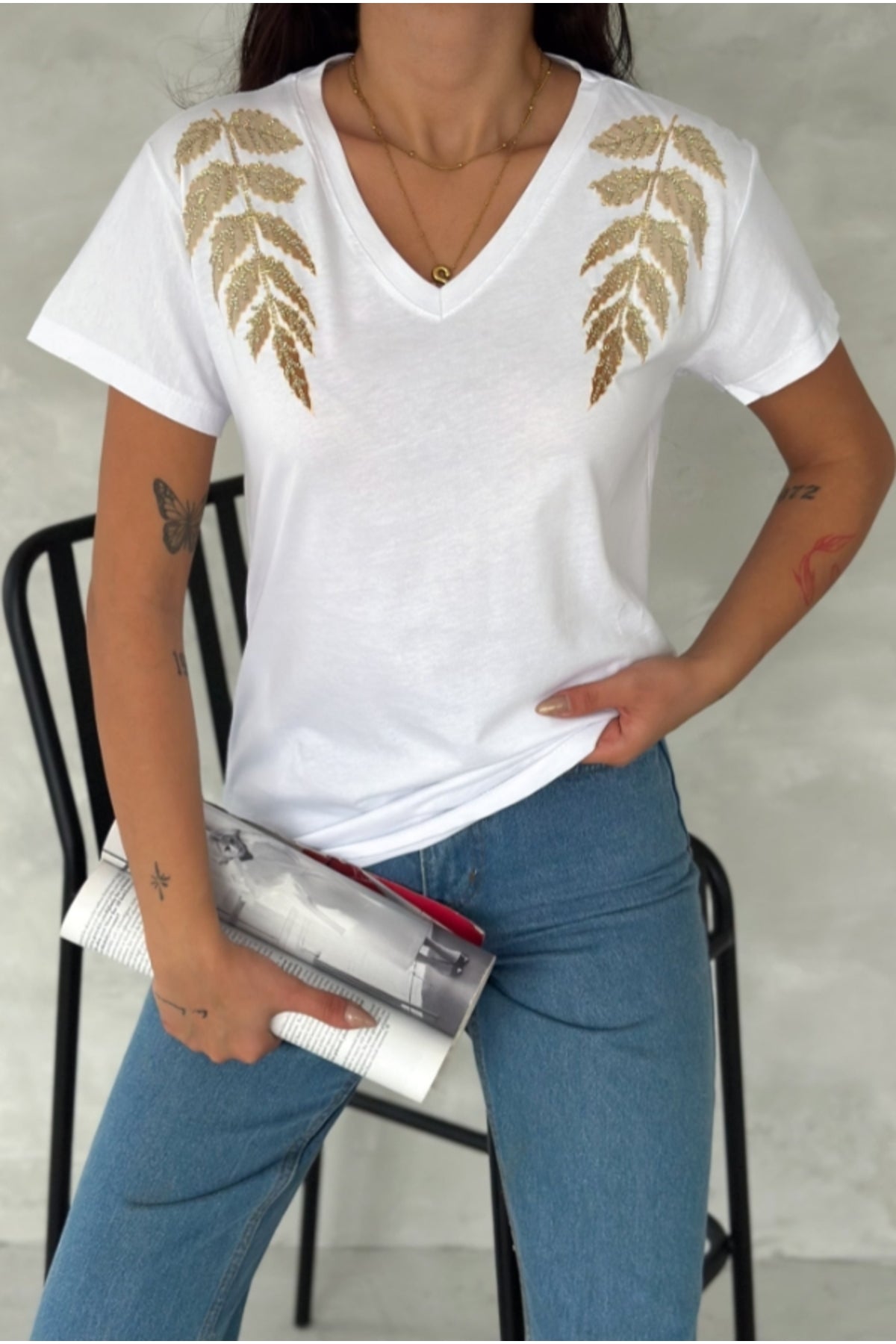 Olivia Women's Cotton Plus Size Embellished V-Neck T-Shirt - White with Gold Leaf Shoulder Sequins