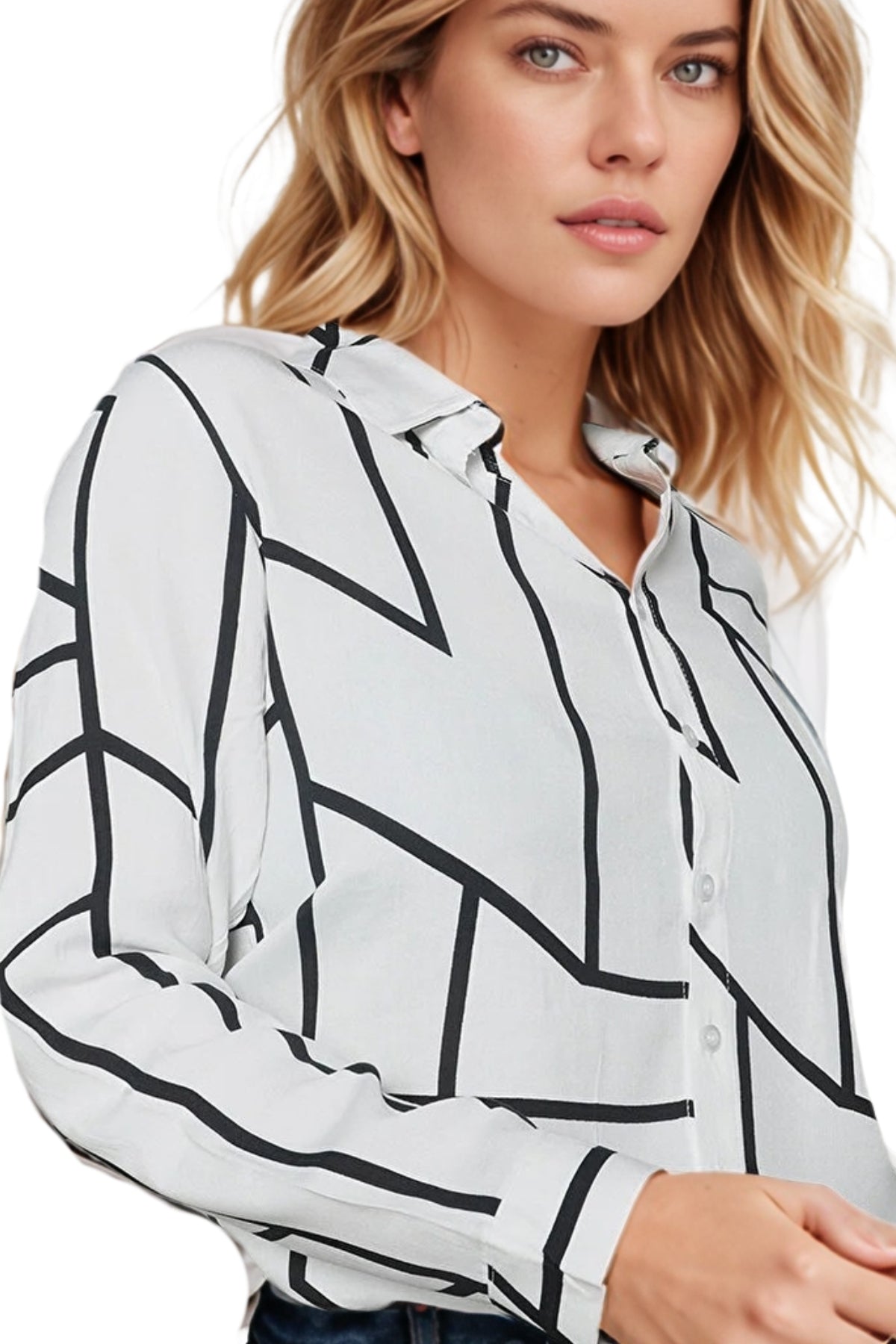 Amelia Women's Viscose Long Sleeve Button-Up Shirt - White Geometric Striped