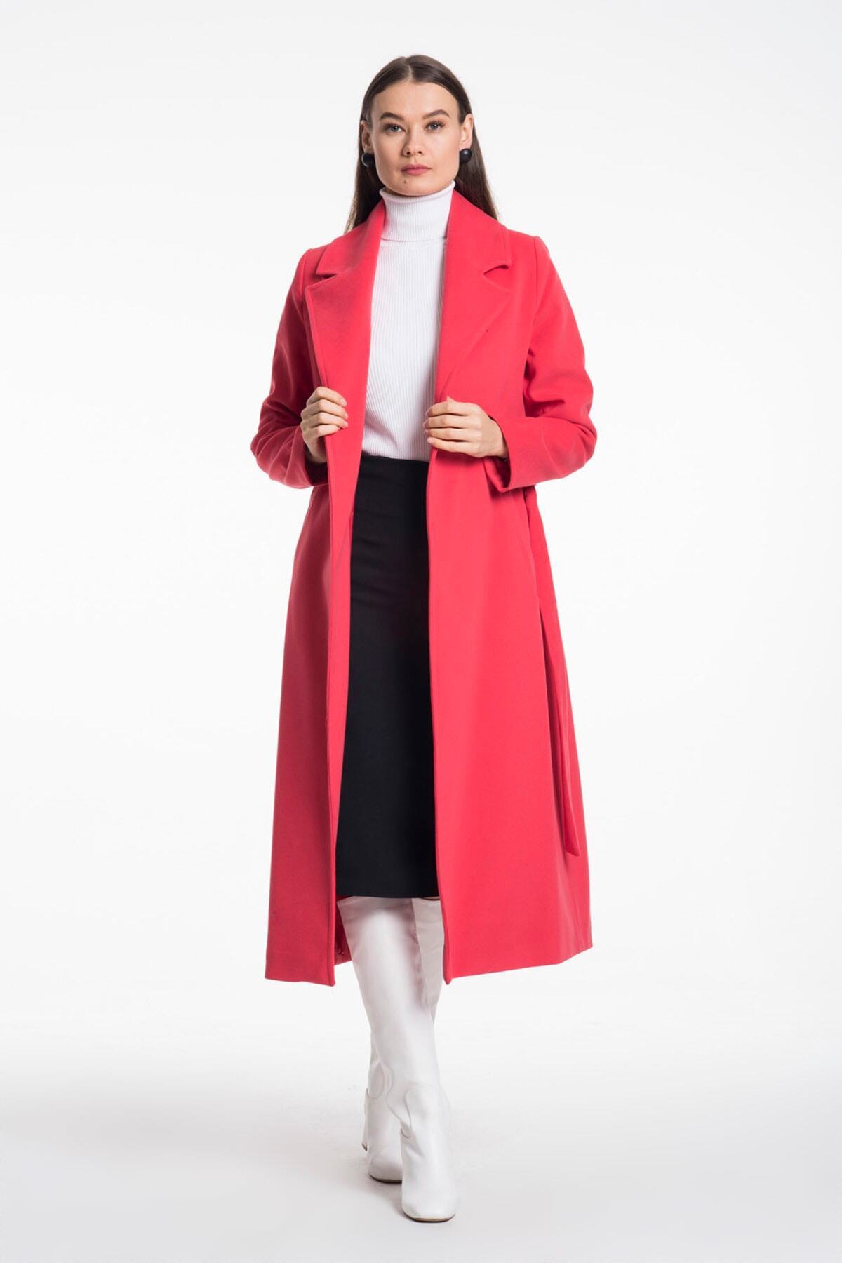 Faye Women's Belted Notched Collar Coat - Matte Coral Red - product image 1