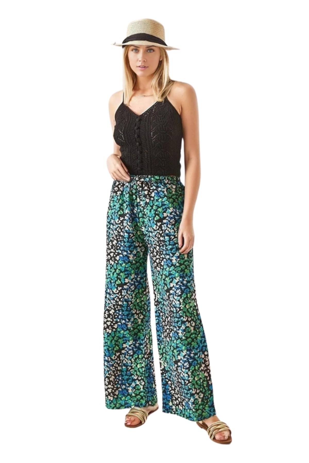 Lucy Women's Linen-Viscose Blend Wide Leg Palazzo Pants - Green Floral