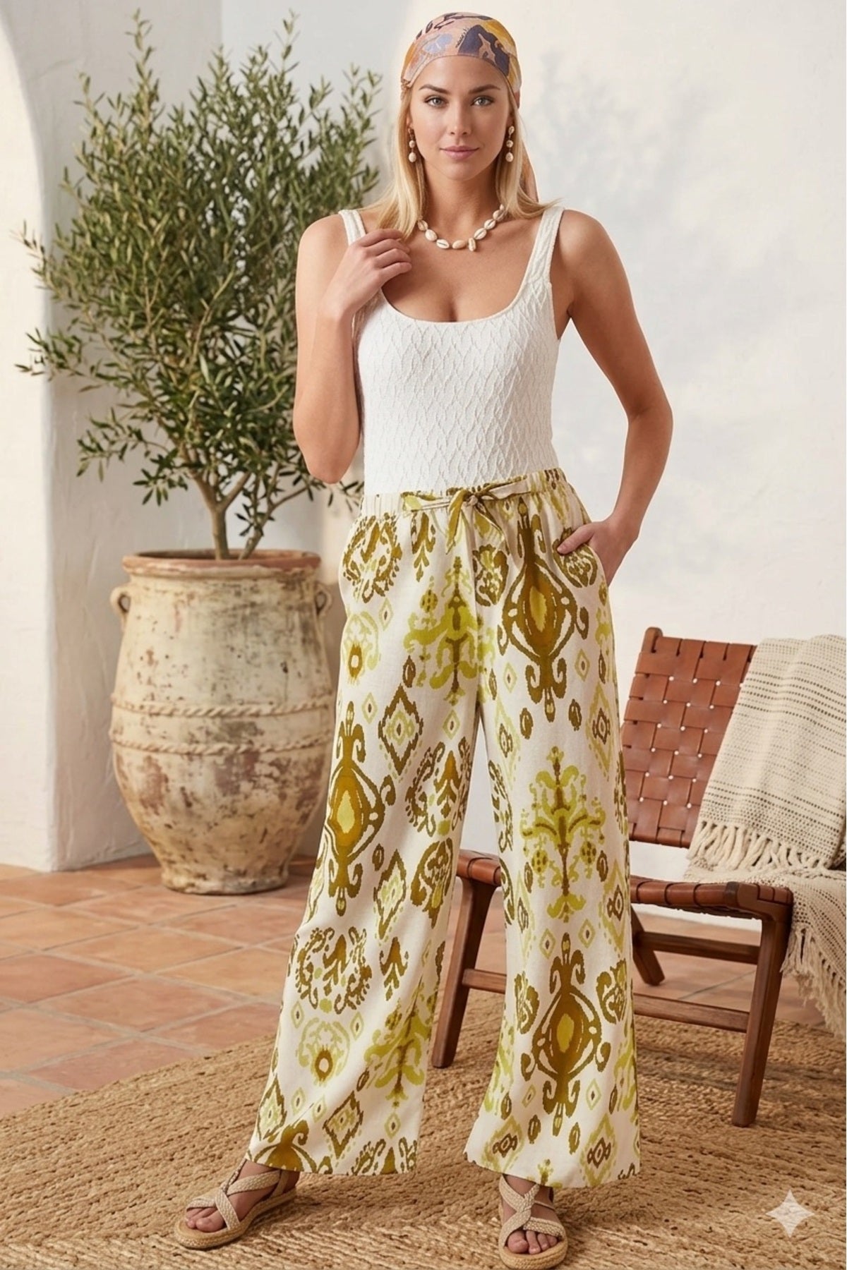 Lucy Women's Linen-Viscose Blend Wide Leg Palazzo Pants - Yellow Boho Print
