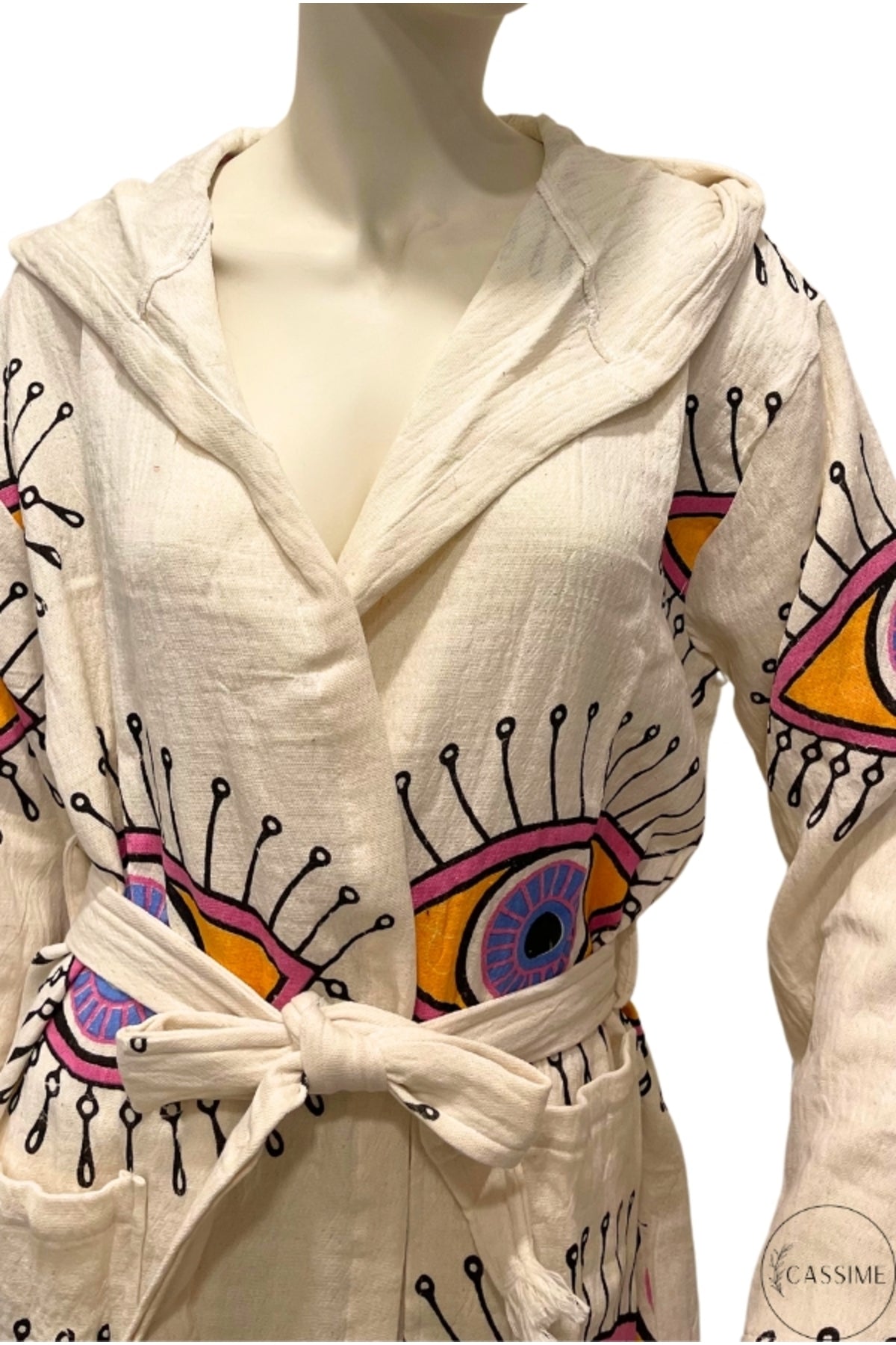 Heidi Women's Evil Eye Hooded Muslin Beach Robe - Lilac and Pink Evil Eye Design