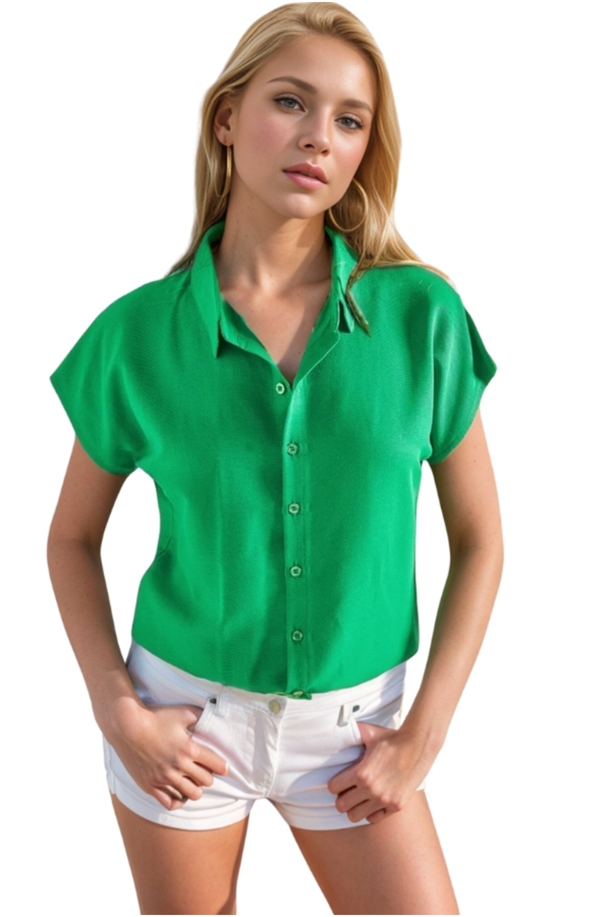 Elizabeth Women's Linen-Viscose Blend Short Sleeve Batwing Shirt - Grass Green