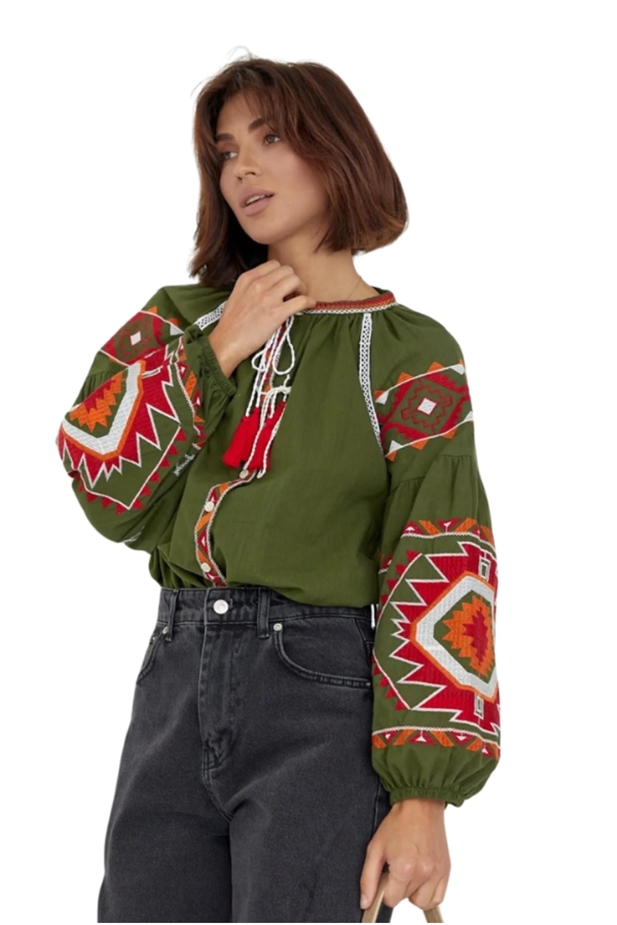 Penelope Women's Cotton Vintage Inspired Embroidered Blouse - Green