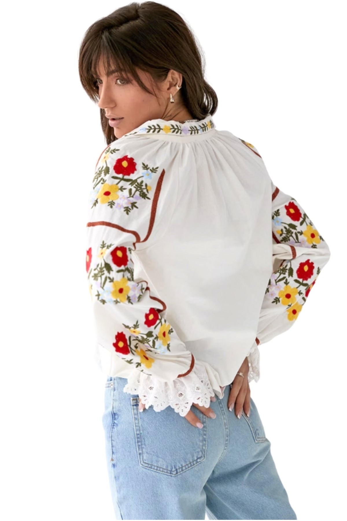 Addison Women's Cotton Vintage Inspired Floral Embroidered Blouse - White