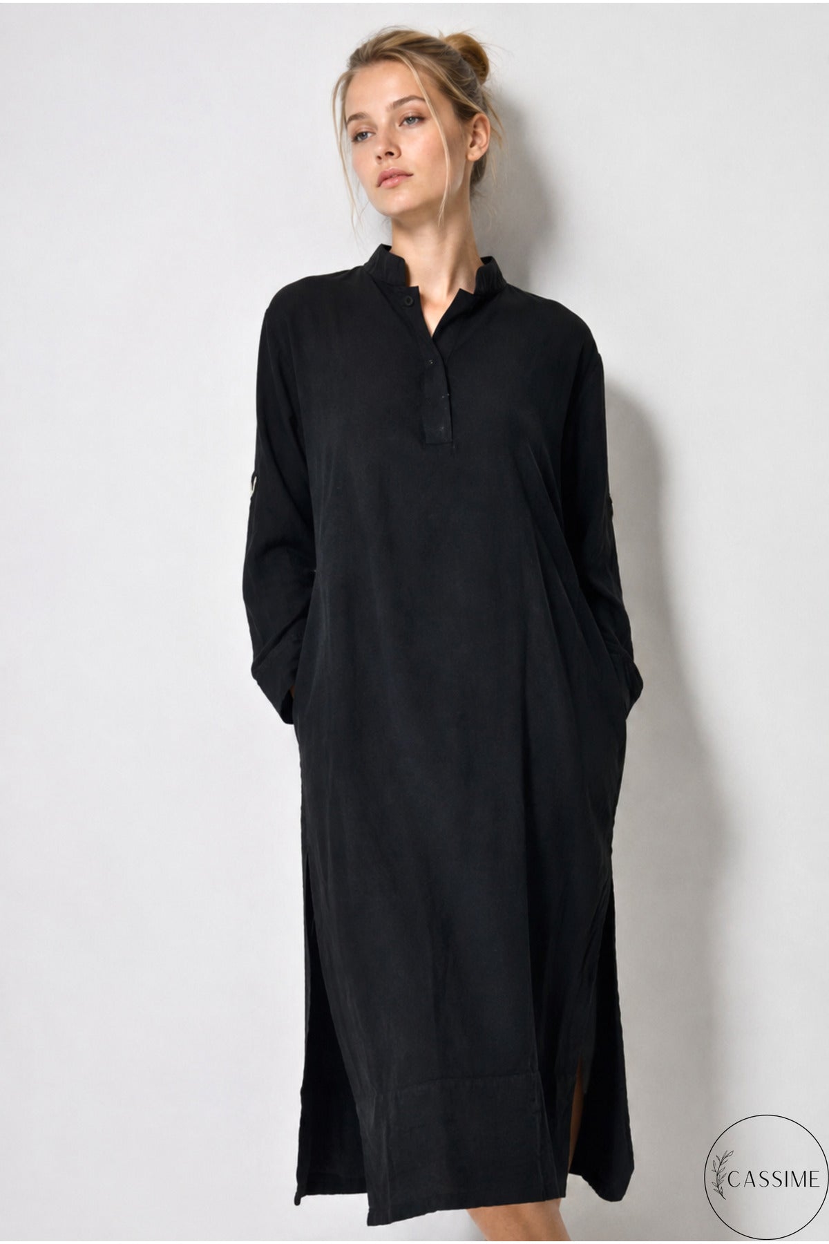 Hazel Women's Oversized Muslin Shirt Dress - Black Mandarin Collar