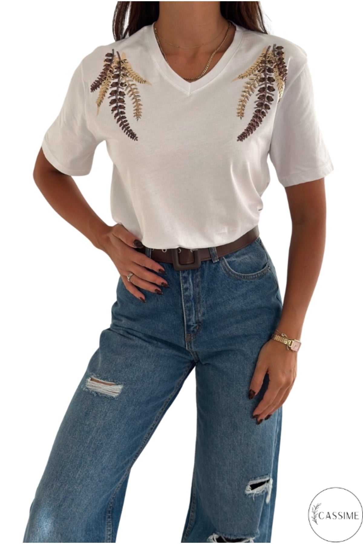 Olivia Women's Cotton Plus Size Embellished V-Neck T-Shirt - Copper Flower Sequin Embellishment