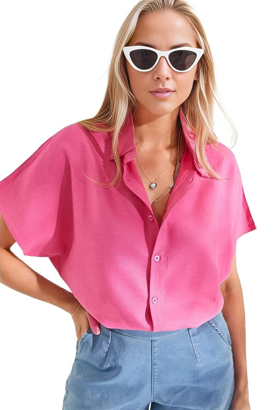 Jocelyn Women's Linen-Viscose Blend Oversized Short Sleeve Batwing Shirt - Pink