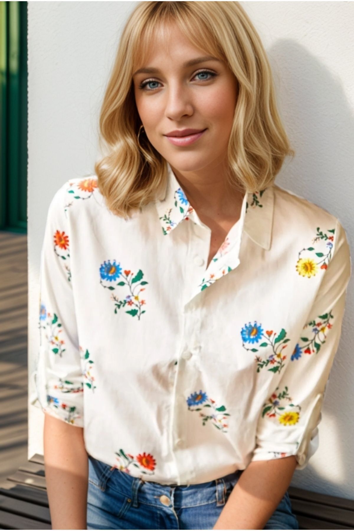 Amelia Women's Viscose Long Sleeve Button-Up Shirt - White with Bright Multicolor Flowers