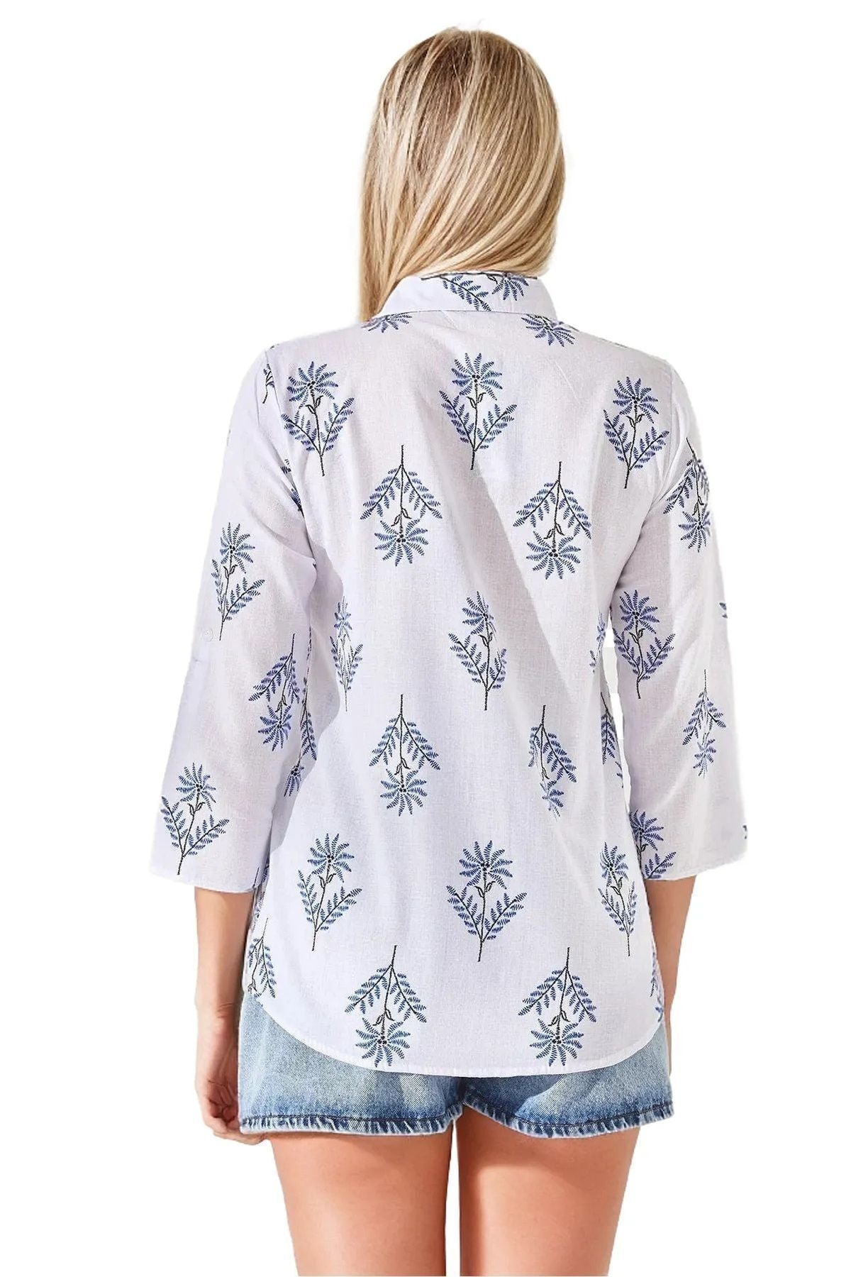 Robyn Women's Cotton Blend Roll-Sleeve Button-Up Shirt - Blue Pinwheel