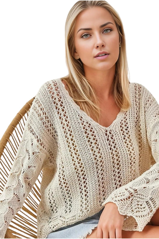 Helena Women's Openwork Knit Blouse - Beige
